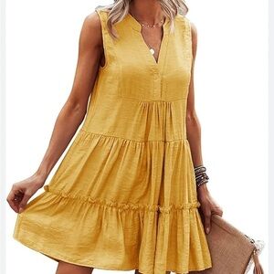 Flat Collar Tiered V-Neck Sleeveless Ruffled Dress. Yellow. Medium